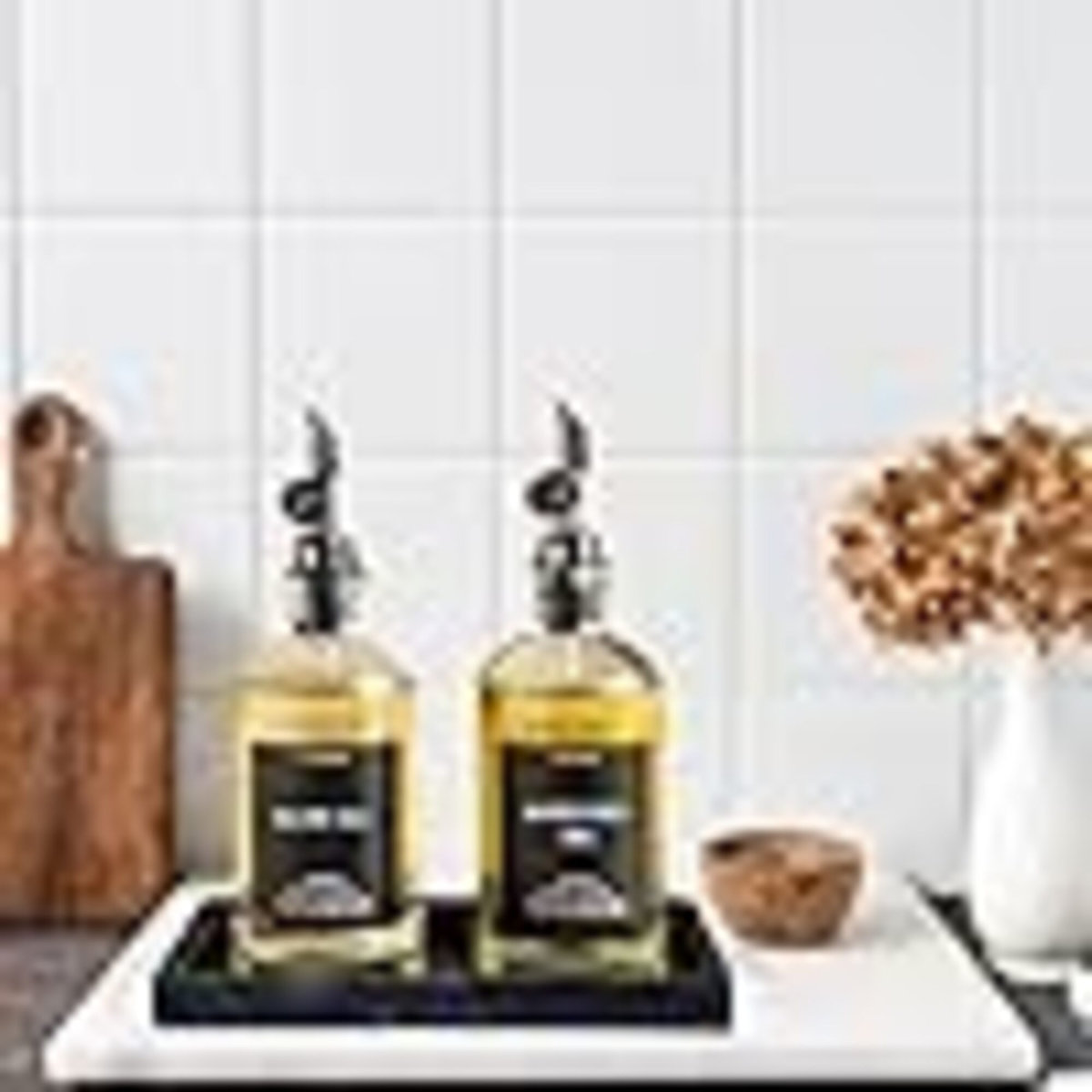 Olive Oil Dispenser Set With Silicone Tray & 40 Labels - 2 Bottles (500Ml / 17Oz) For Kitchen, Soy Sauce, Coffee Syrup